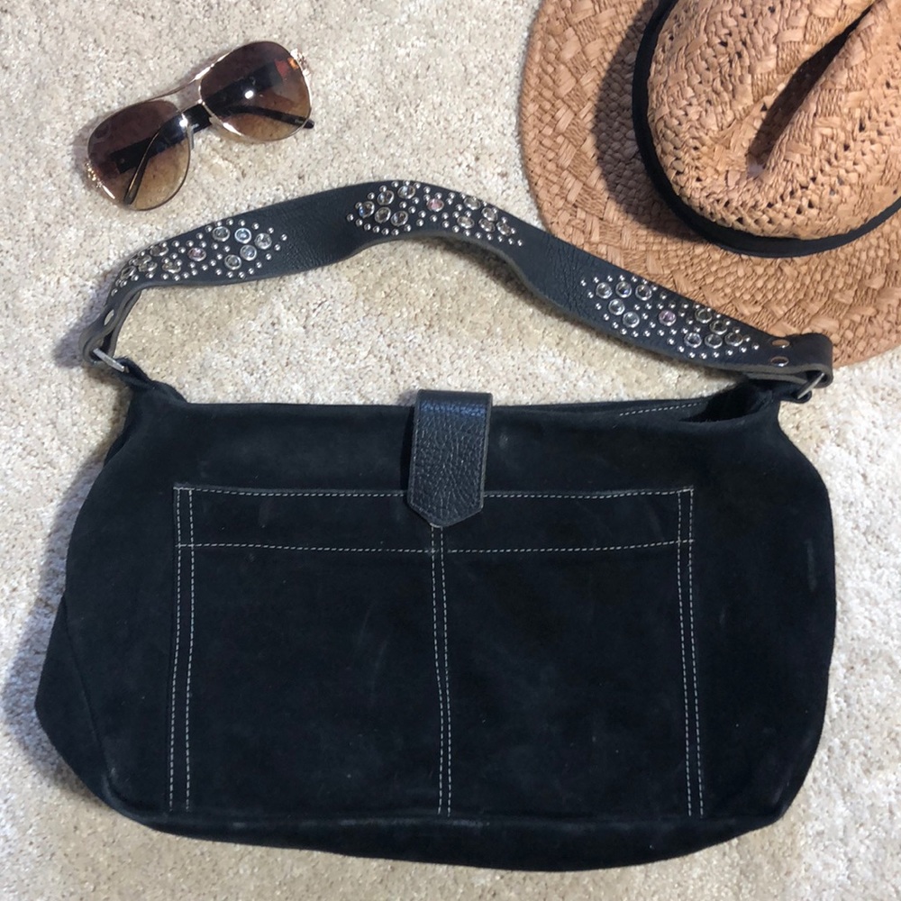 Tylie Malibu black suede/rhinestone strap purse